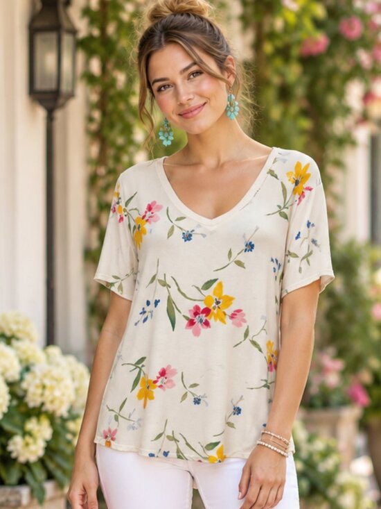 Old Navy Tops - Old Navy Luxe Floral V Neck Top Large Cream Pink Yellow Blue Boho